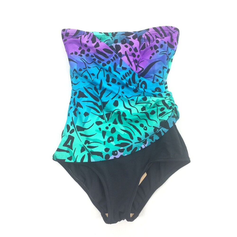 Vintage Catalina Animal Print One Piece Strapless Swimsuit 10 Blue Purple Swim L